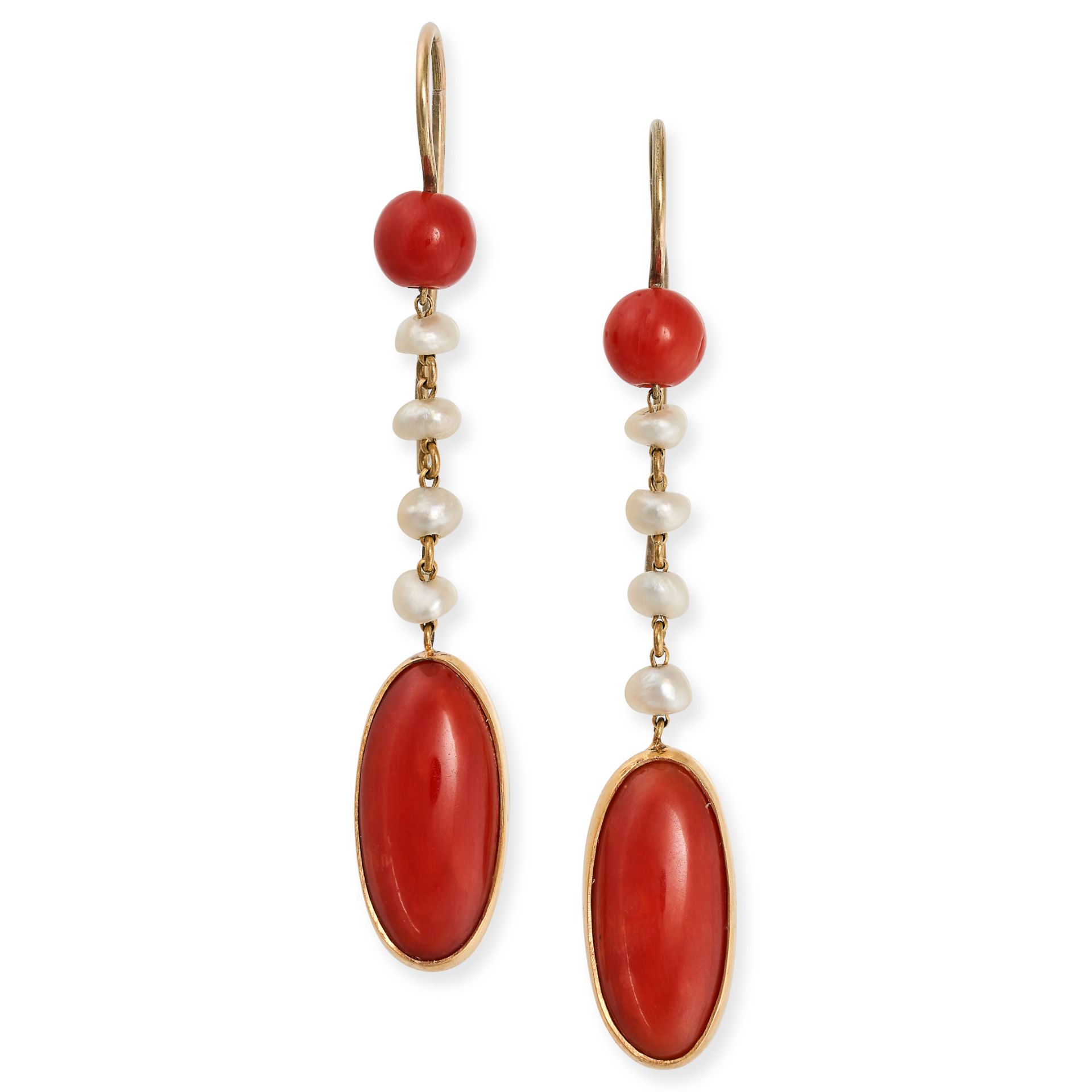 A PAIR OF CORAL AND PEARL DROP EARRINGS in yellow gold, each set with a polished coral bead suspe...