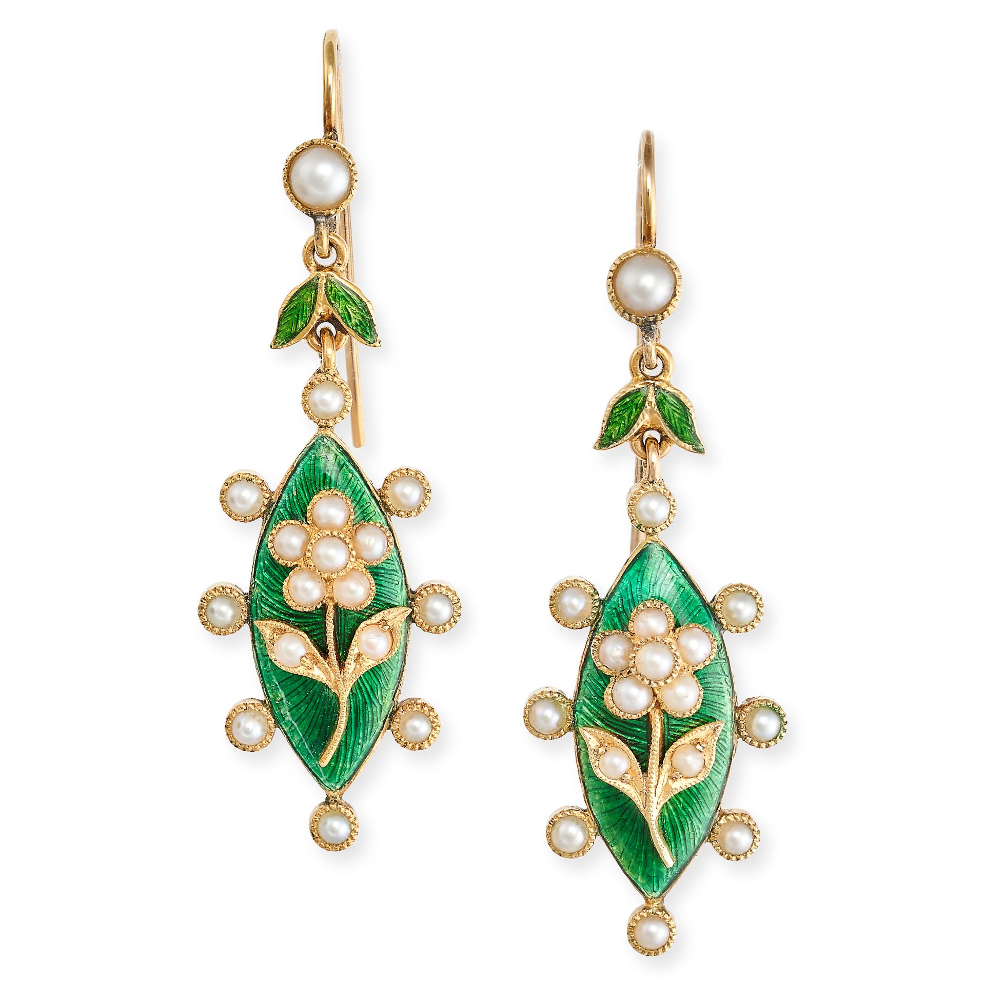 A PAIR OF ANTIQUE PEARL AND ENAMEL EARRINGS, 19TH CENTURY in yellow gold, each set with a pearl a...