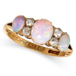 AN ANTIQUE OPAL AND DIAMOND RING in 18ct yellow gold, set with three cabochon opals punctuated by...