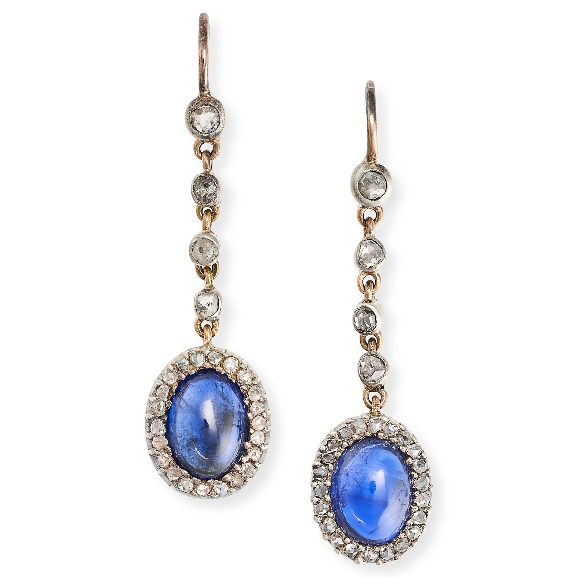 A PAIR OF ANTIQUE SAPPHIRE AND DIAMOND DROP EARRINGS in yellow gold, set with a row of rose cut d...