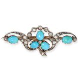 AN ANTIQUE TURQUOISE AND DIAMOND BROOCH, 19TH CENTURY in yellow gold and silver, comprising a clo...