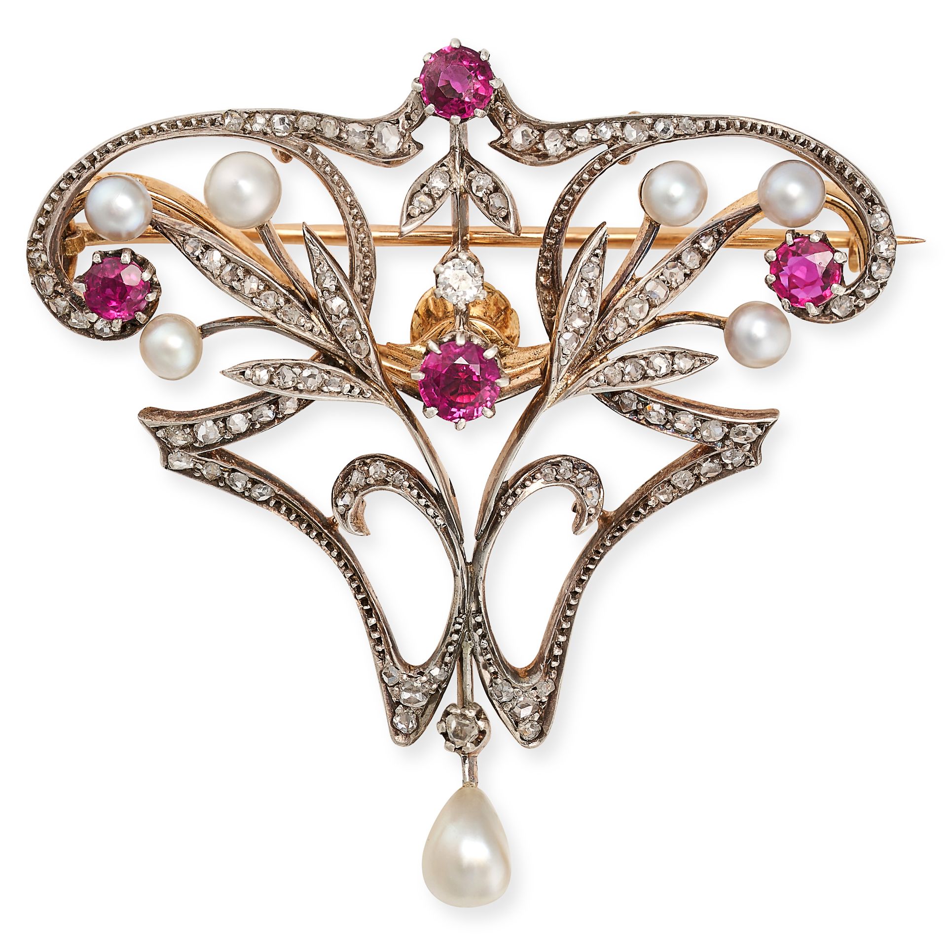 AN ANTIQUE RUBY, DIAMOND AND PEARL BROOCH / PENDANT in yellow gold, the scrolling pendant set wit...