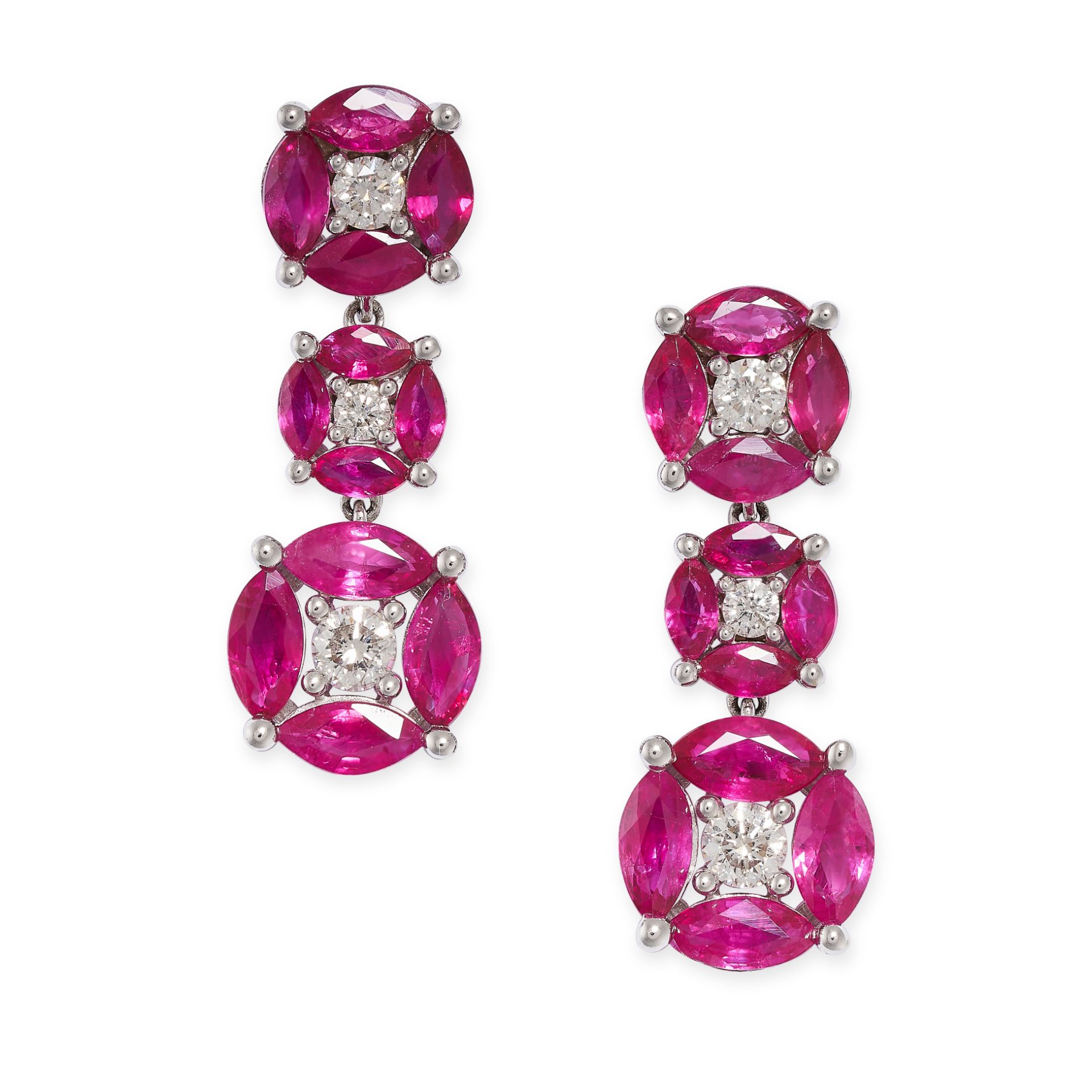 A PAIR OF RUBY AND DIAMOND DROP EARRINGS in 18ct white gold, each set with three clusters of bril... - Image 2 of 2