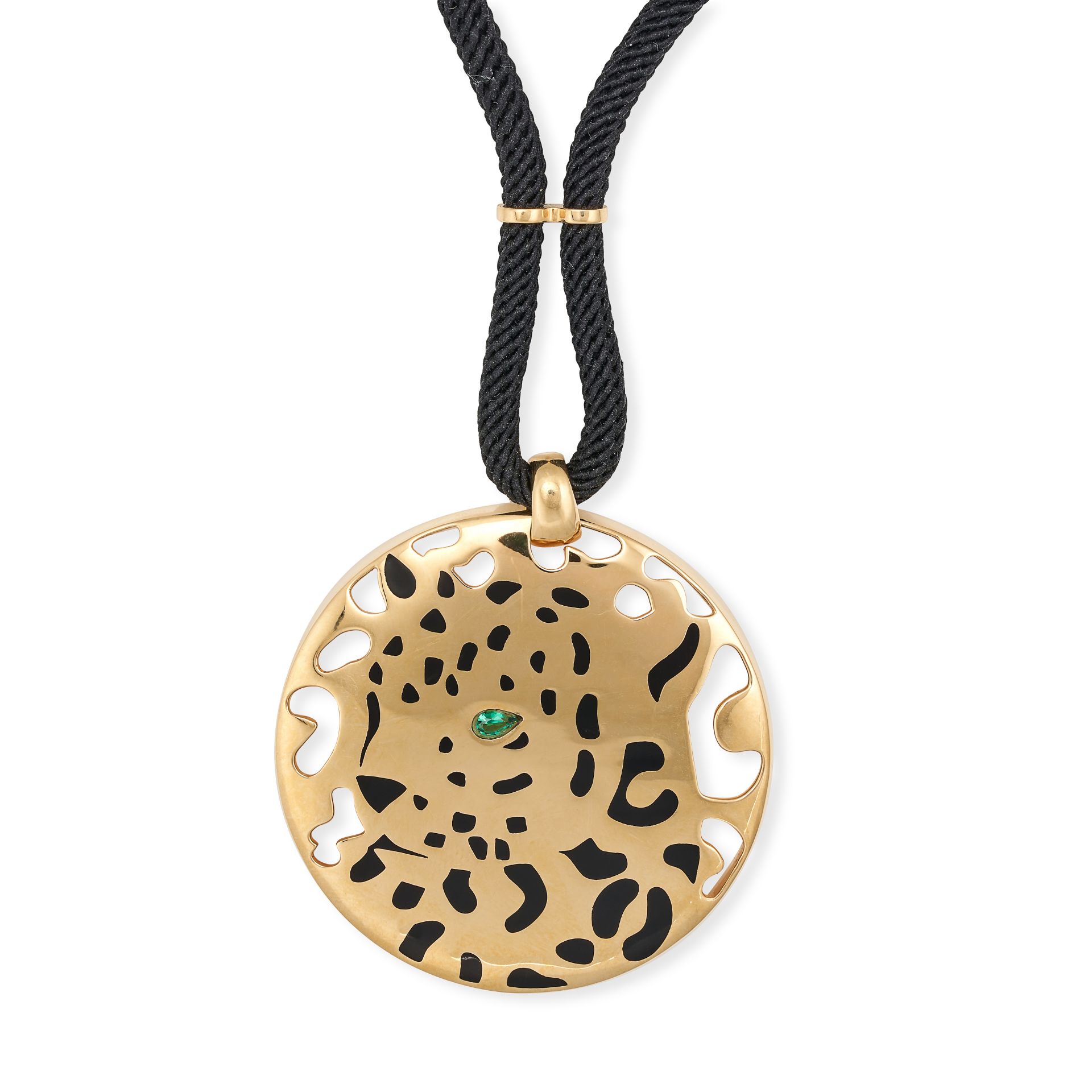 CARTIER, AN EMERALD AND BLACK LACQUER PANTHER PENDANT NECKLACE in 18ct yellow gold, the circular ...