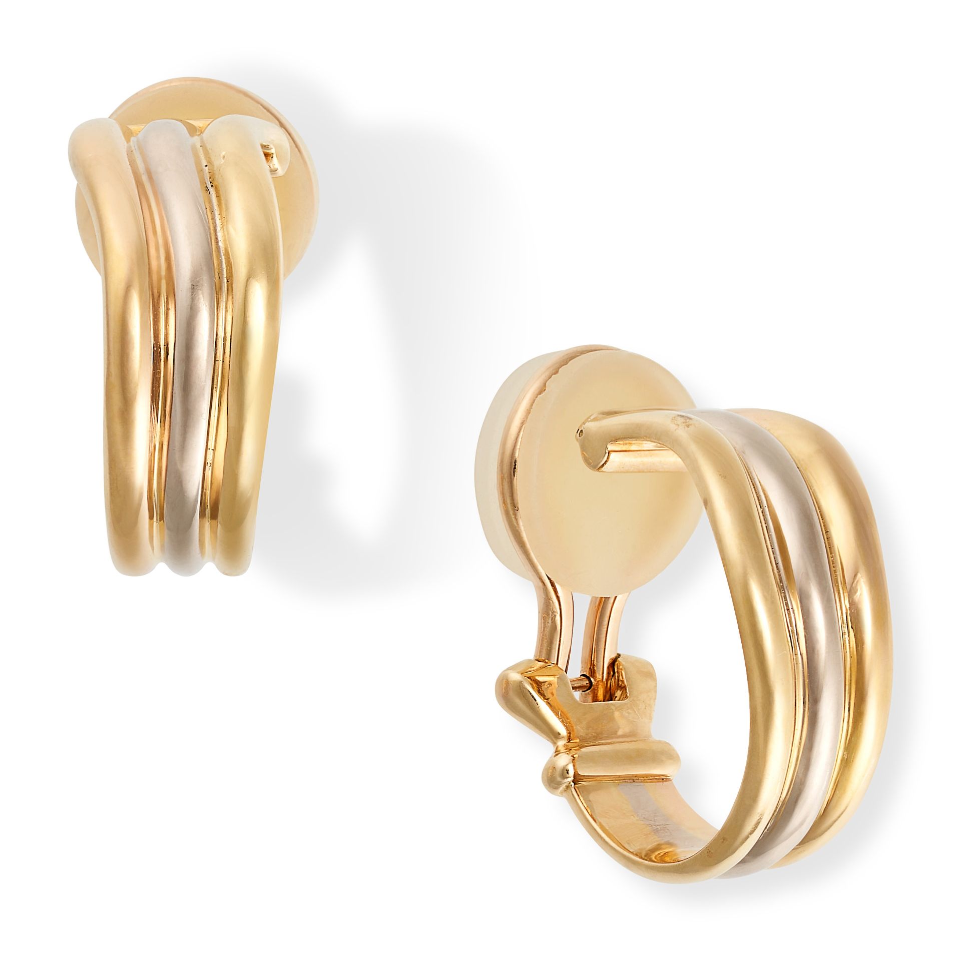 CARTIER, A PAIR OF TRINITY GOLD HOOP EARRINGS in 18ct yellow, rose and white gold, designed as a ...