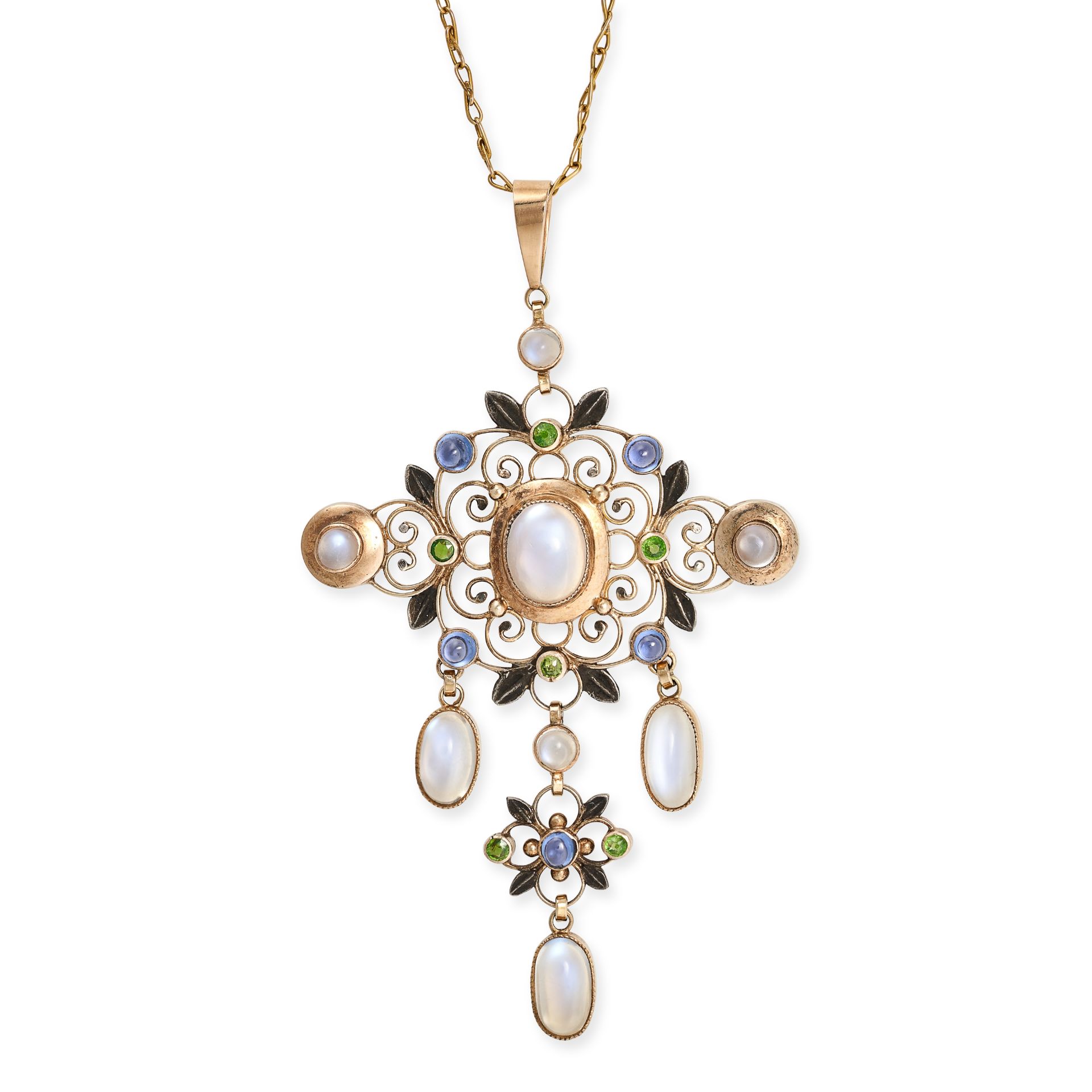 A MOONSTONE, SAPPHIRE AND DEMANTOID GARNET PENDANT NECKLACE in yellow gold, the openwork foliate ...