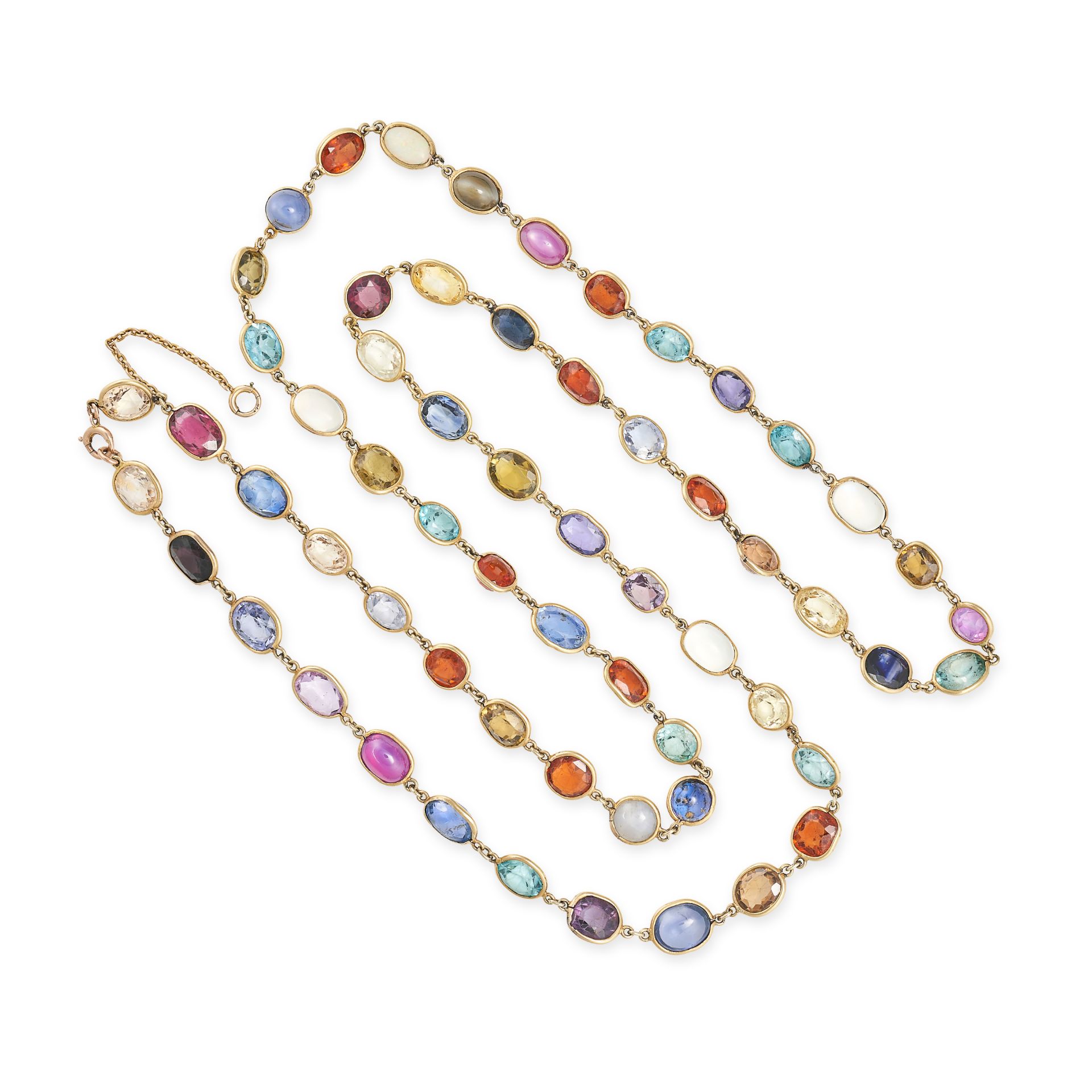 A VINTAGE GEMSET HARLEQUIN NECKLACE in in yellow gold, comprising an array of cabochon cut and f...