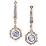 A PAIR OF SAPPHIRE AND DIAMOND DROP EARRINGS in yellow gold, each comprising an old cut diamond s...