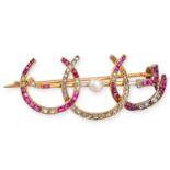 AN ANTIQUE RUBY, DIAMOND AND PEARL HORSESHOE BROOCH, EARLY 20TH CENTURY in 18ct yellow gold, desi...