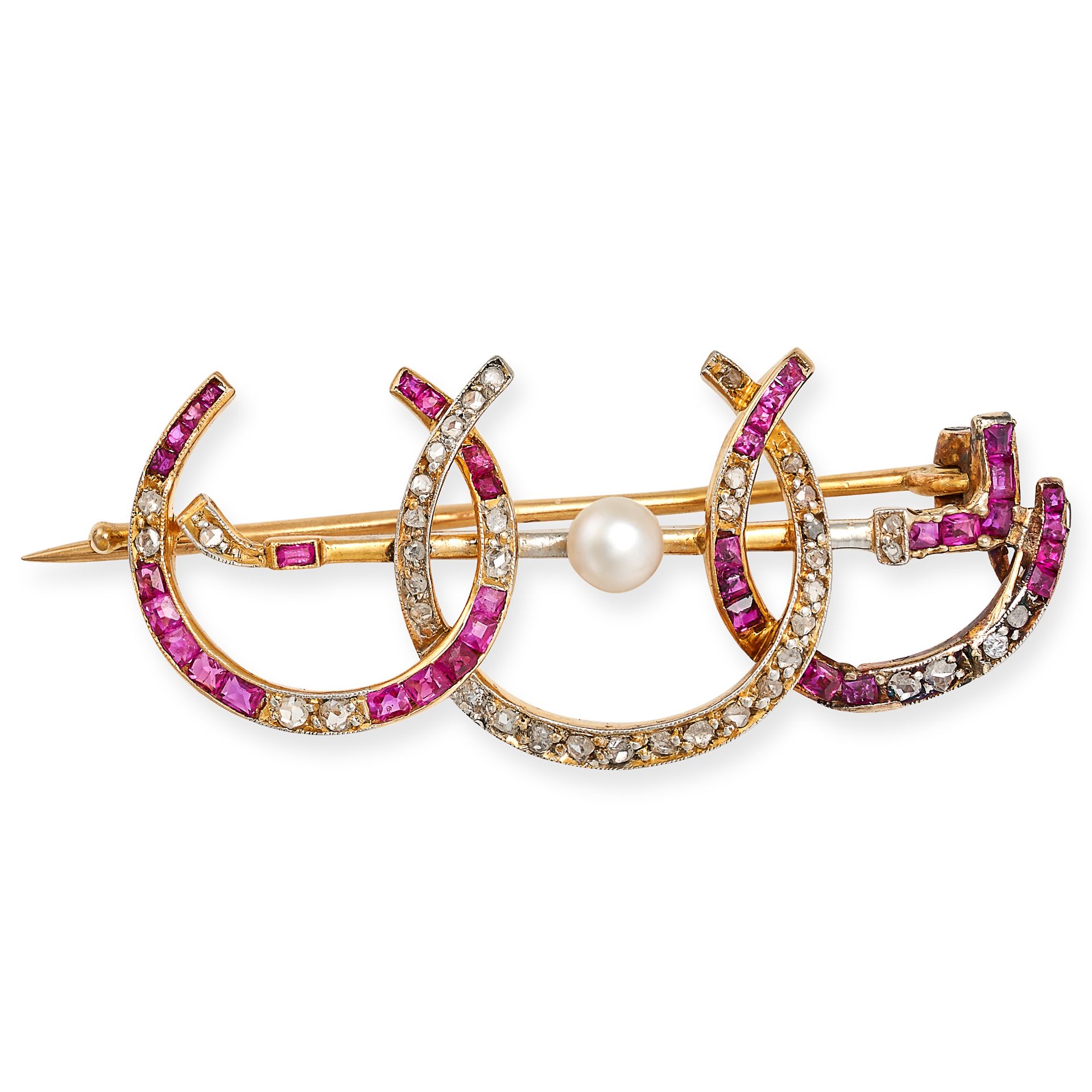 AN ANTIQUE RUBY, DIAMOND AND PEARL HORSESHOE BROOCH, EARLY 20TH CENTURY in 18ct yellow gold, desi...