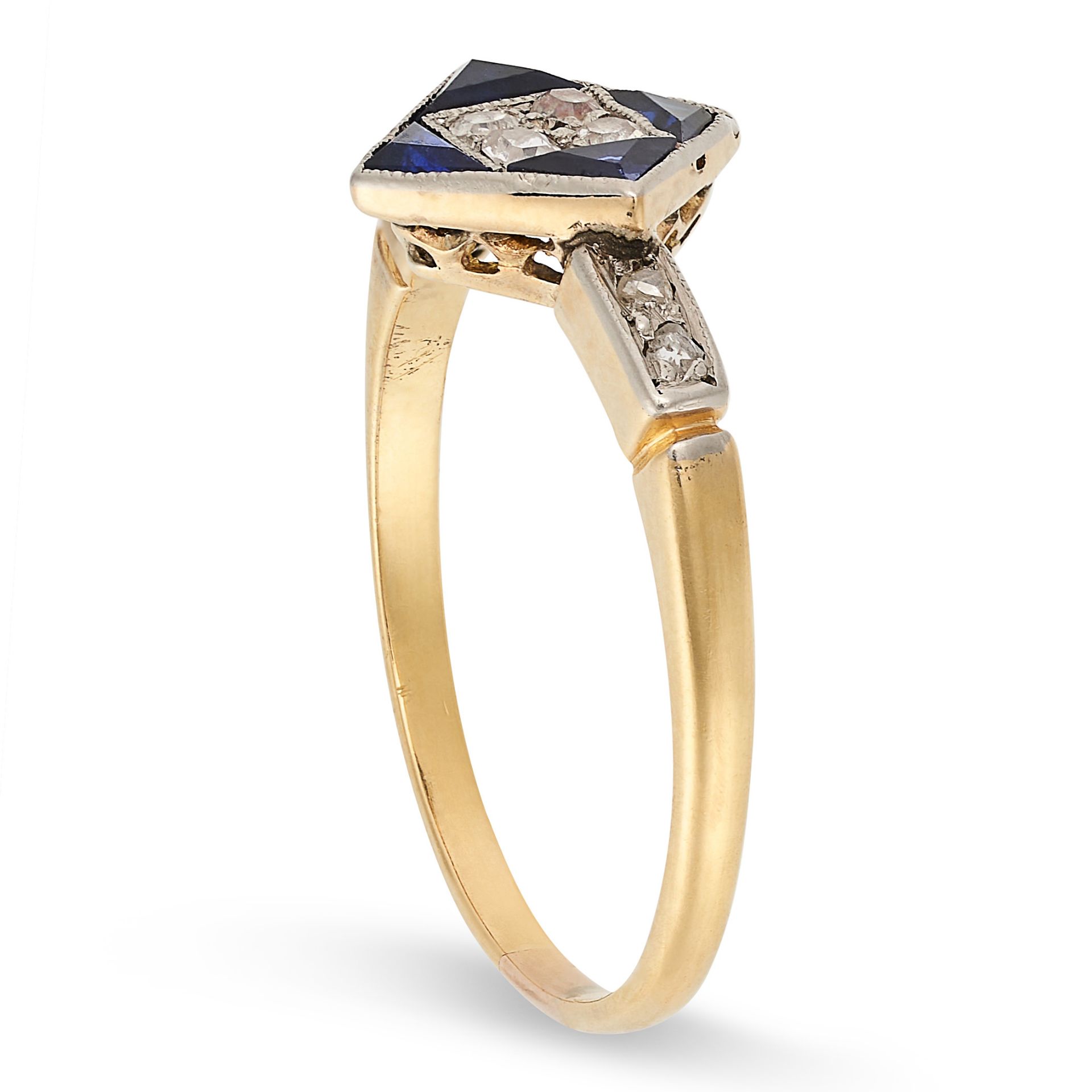 AN ART DECO SAPPHIRE AND DIAMOND RING in yellow gold, set with four old cut diamonds accented by ... - Image 2 of 2