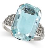 AN AQUAMARINE AND DIAMOND RING set with an octagonal step cut aquamarine of approximately 9.27 ca...