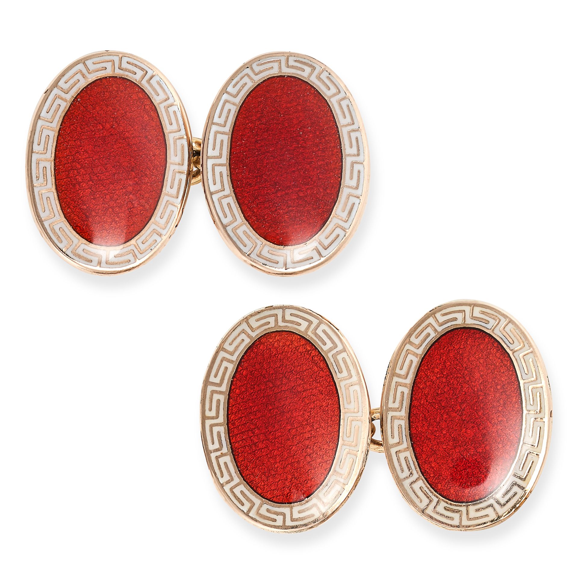 A PAIR OF ANTIQUE ENAMEL CUFFLINKS in 9ct yellow gold, the oval face set with orange guilloche en...