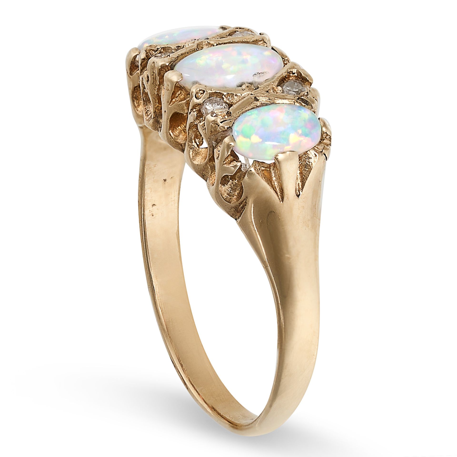 A VINTAGE OPAL AND DIAMOND RING in yellow gold, set with three cabochon opals accented by round c... - Image 2 of 2