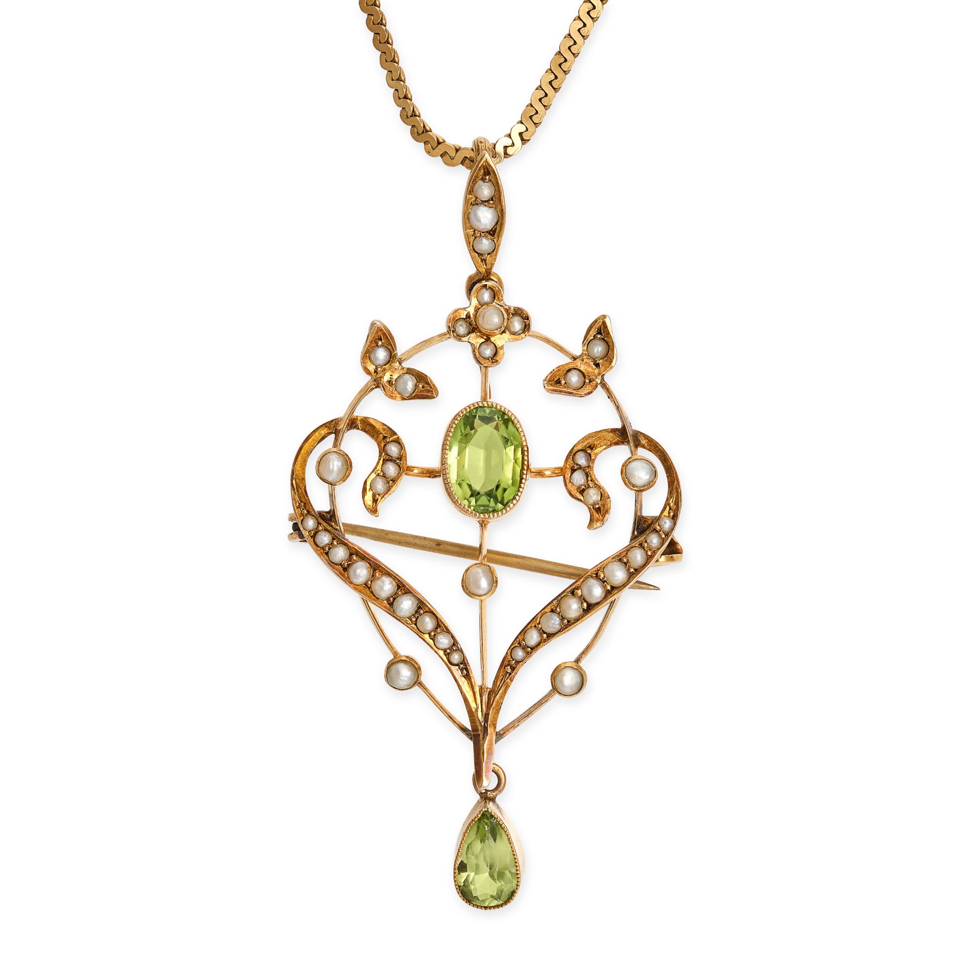 AN ANTIQUE EDWARDIAN PERIDOT AND SEED PEARL BROOCH / PENDANT NECKLACE in 9ct yellow gold, the scr...