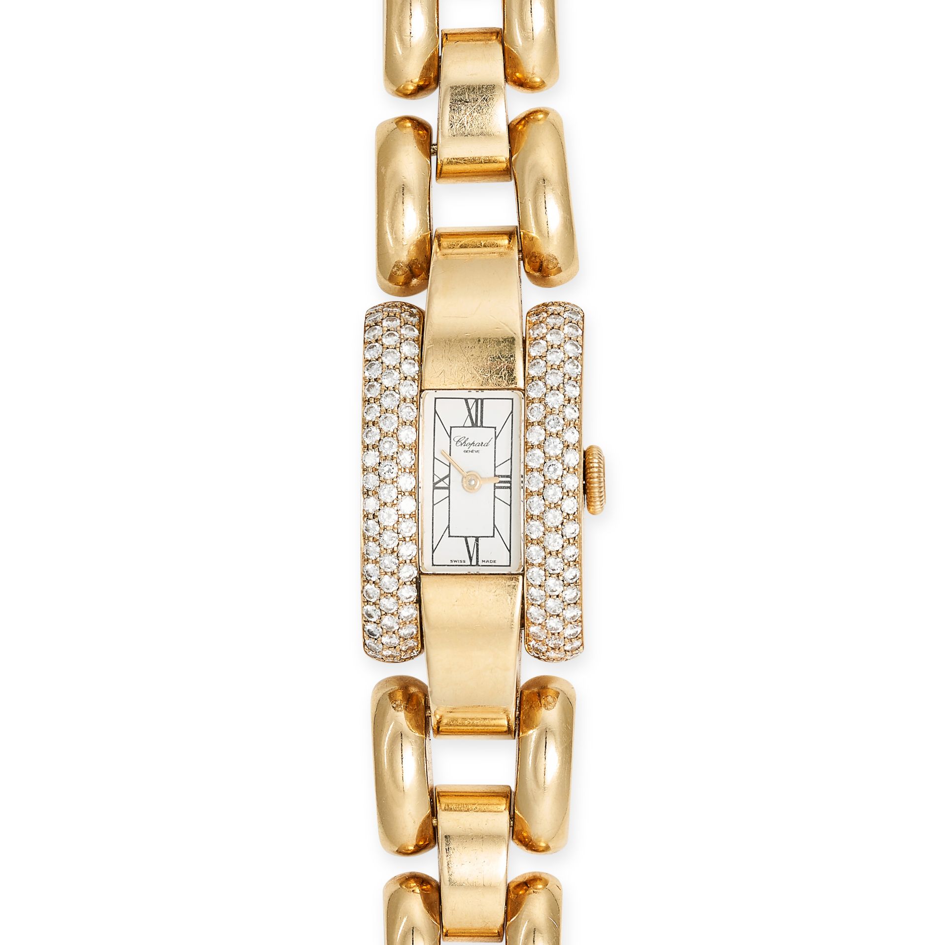 CHOPARD, A LADIES DIAMOND LA STRADA WRISTWATCH in 18ct yellow gold, white dial with painted Roman...