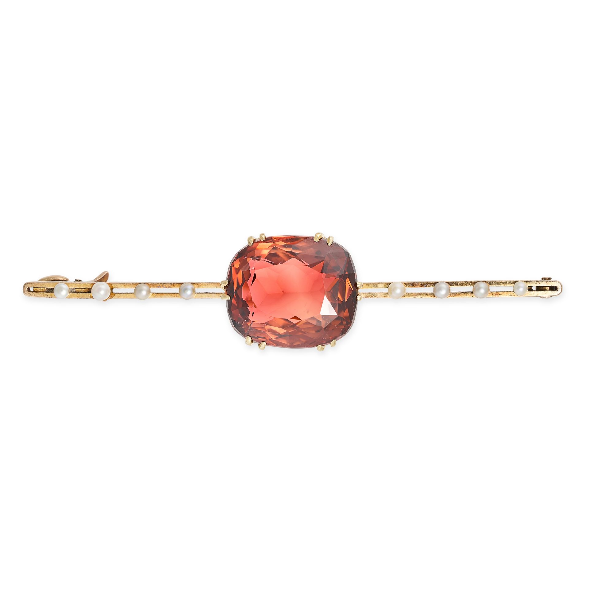 AN ANTIQUE PINK TOURMALINE AND PEARL BAR BROOCH in 15ct yellow gold, set with a cushion cut pink ...