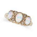 A VINTAGE OPAL AND DIAMOND RING in yellow gold, set with three cabochon opals accented by round c...