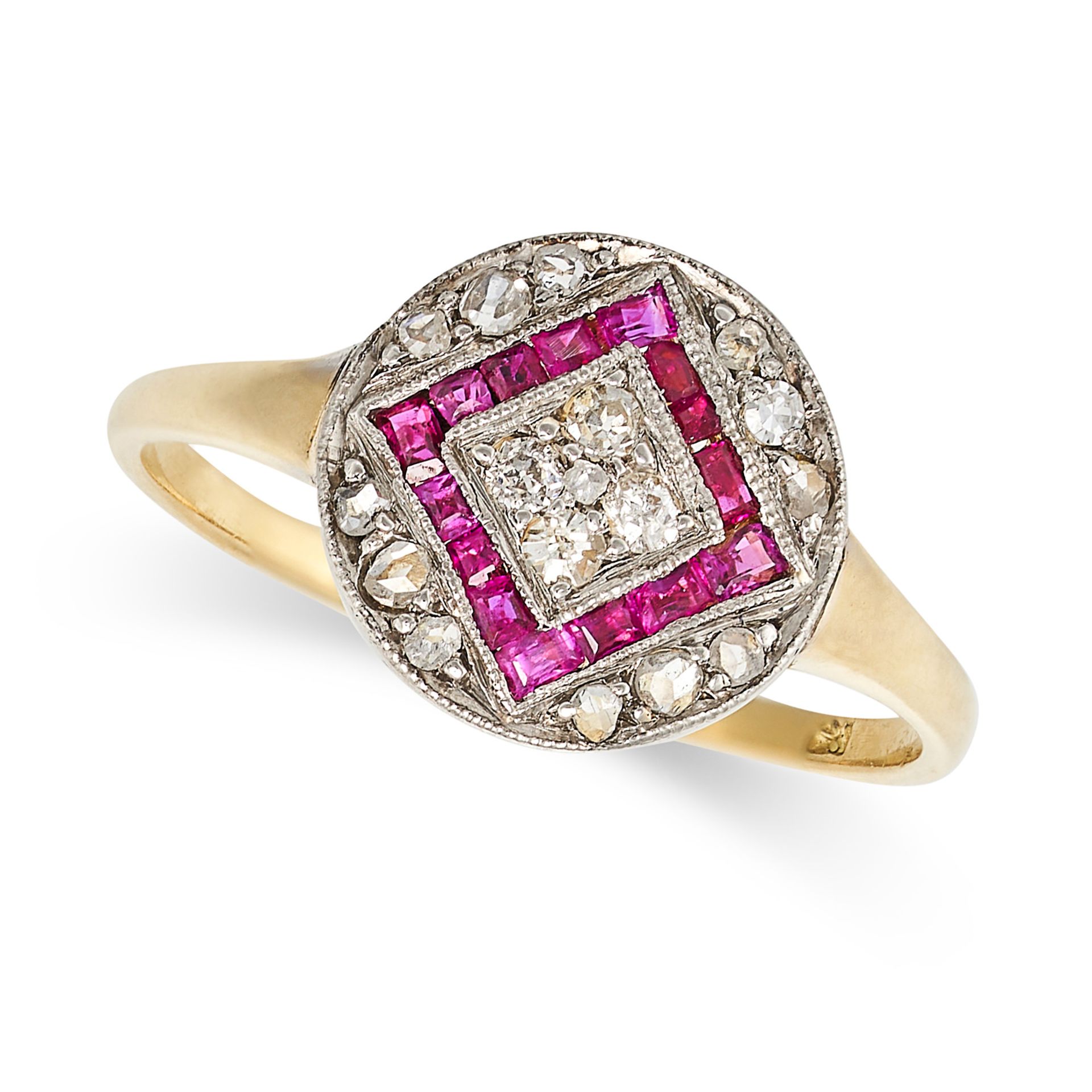 AN ART DECO RUBY AND DIAMOND RING in 18ct yellow gold, the circular face set with a cluster of ol...
