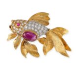 A RUBY AND DIAMOND FISH BROOCH / PENDANT in yellow gold, designed as a tropical fish set with an ...