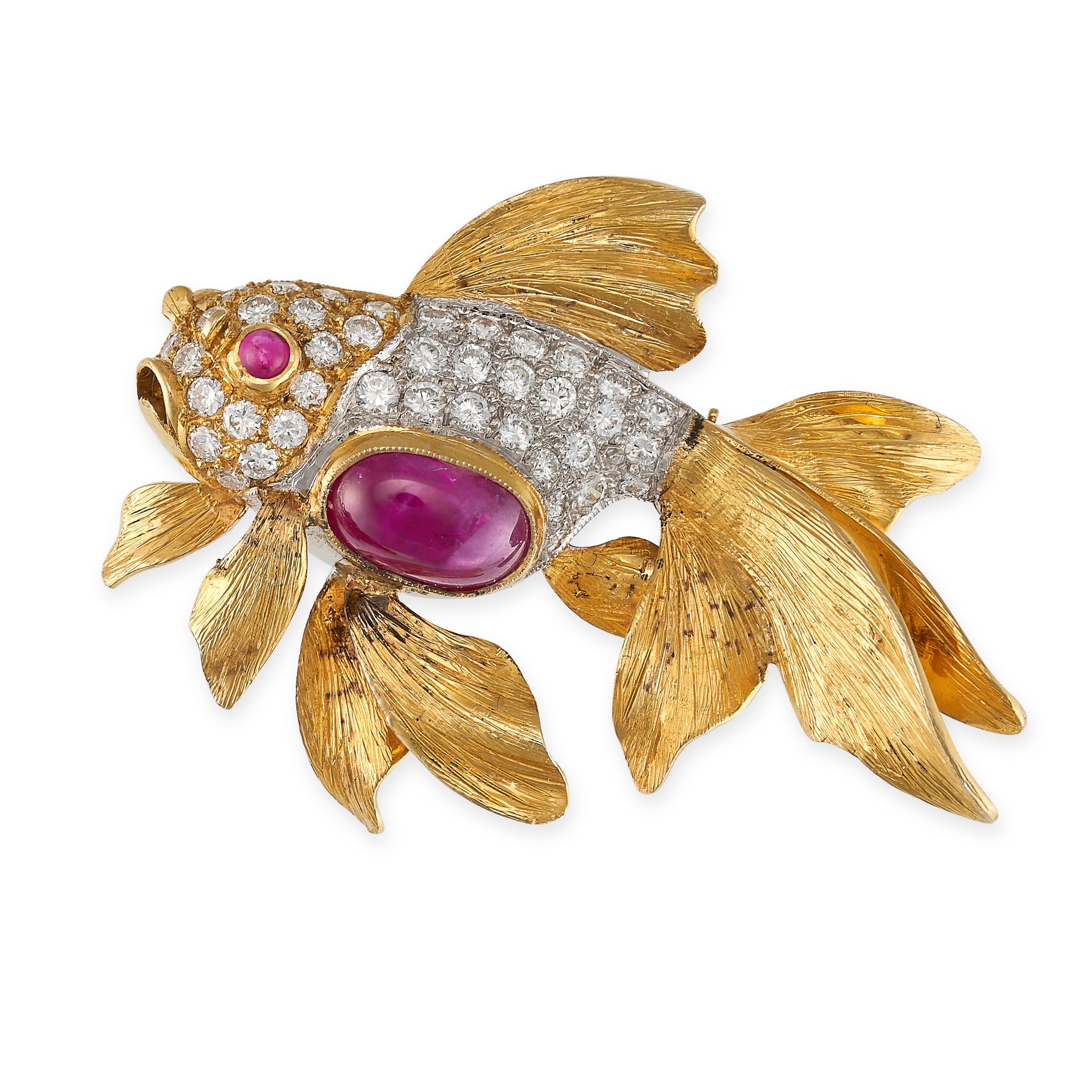 A RUBY AND DIAMOND FISH BROOCH / PENDANT in yellow gold, designed as a tropical fish set with an ...