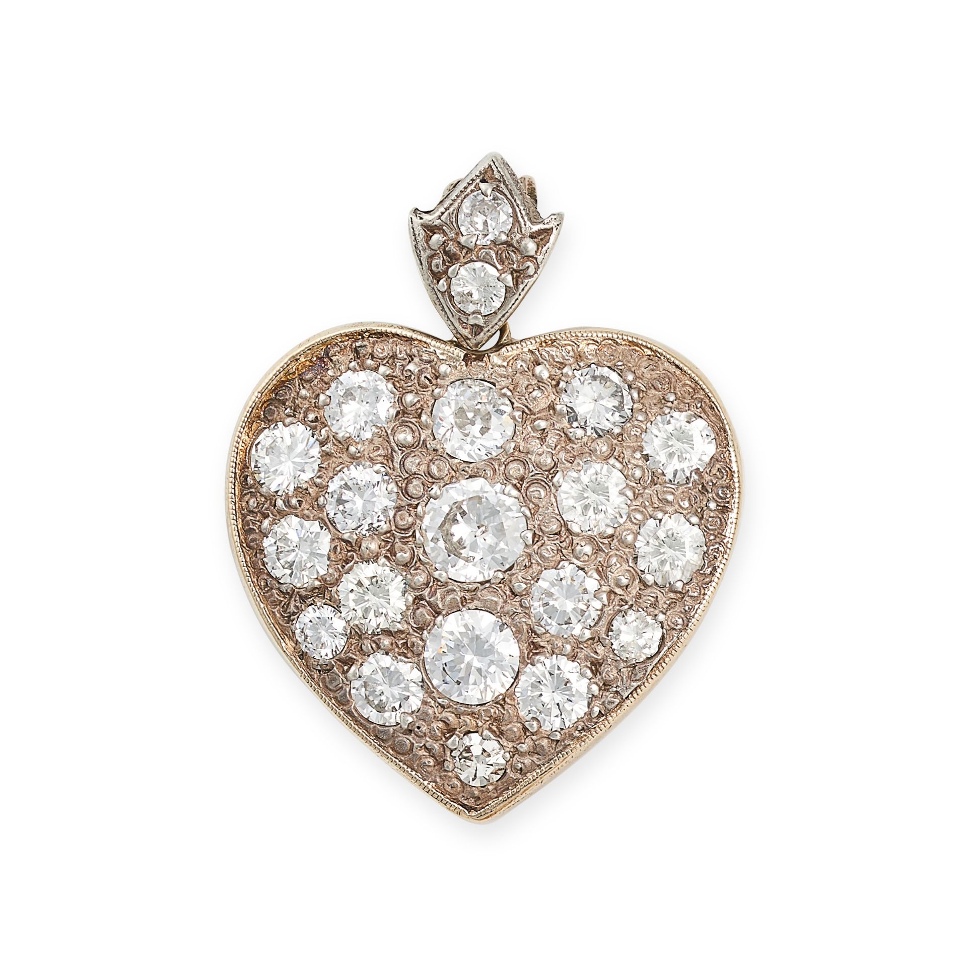 A DIAMOND HEART PENDANT in yellow gold, designed as a heart set with old European and round brill...