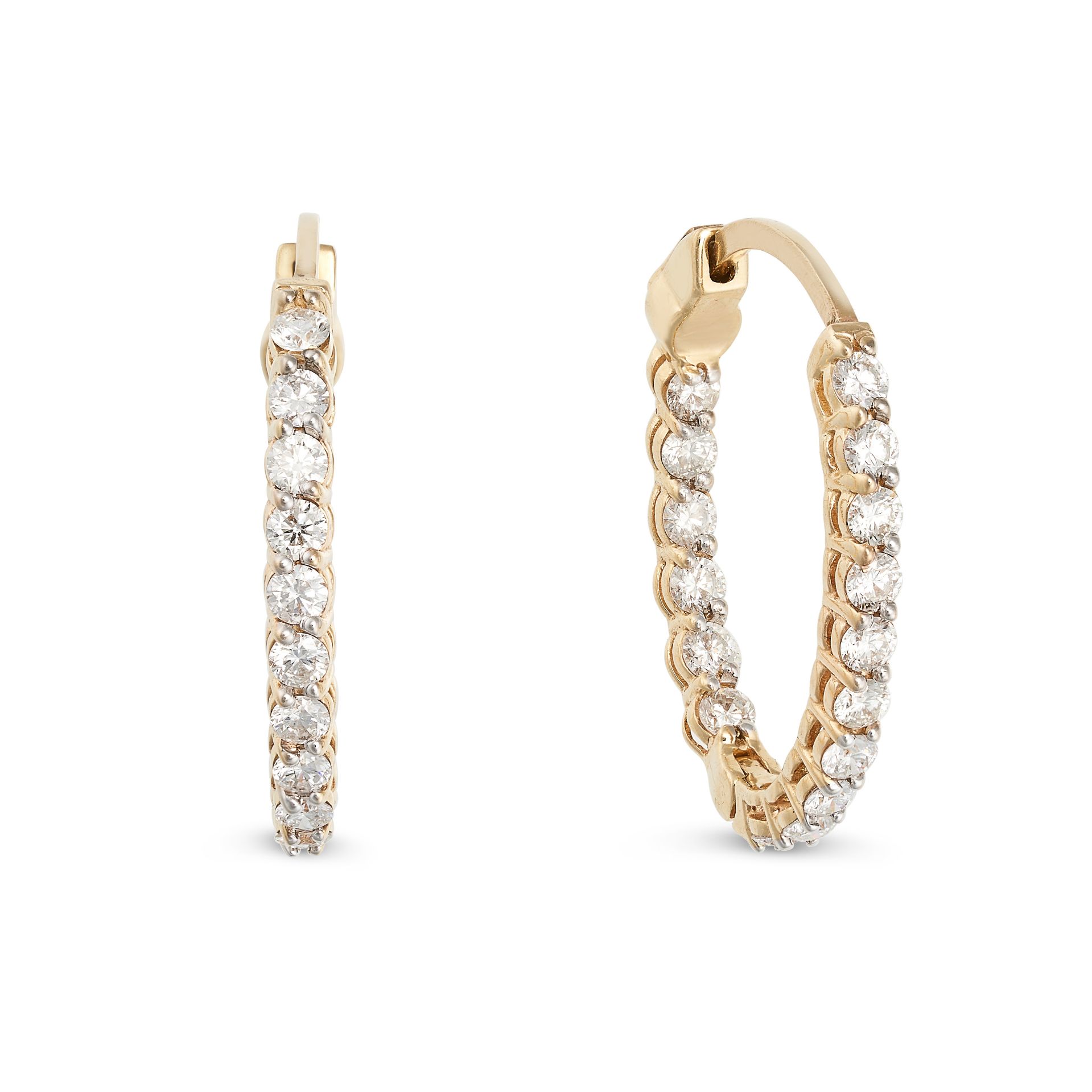 A PAIR OF DIAMOND HOOP EARRINGS in yellow gold, each designed as a hoop set inside out with a row...