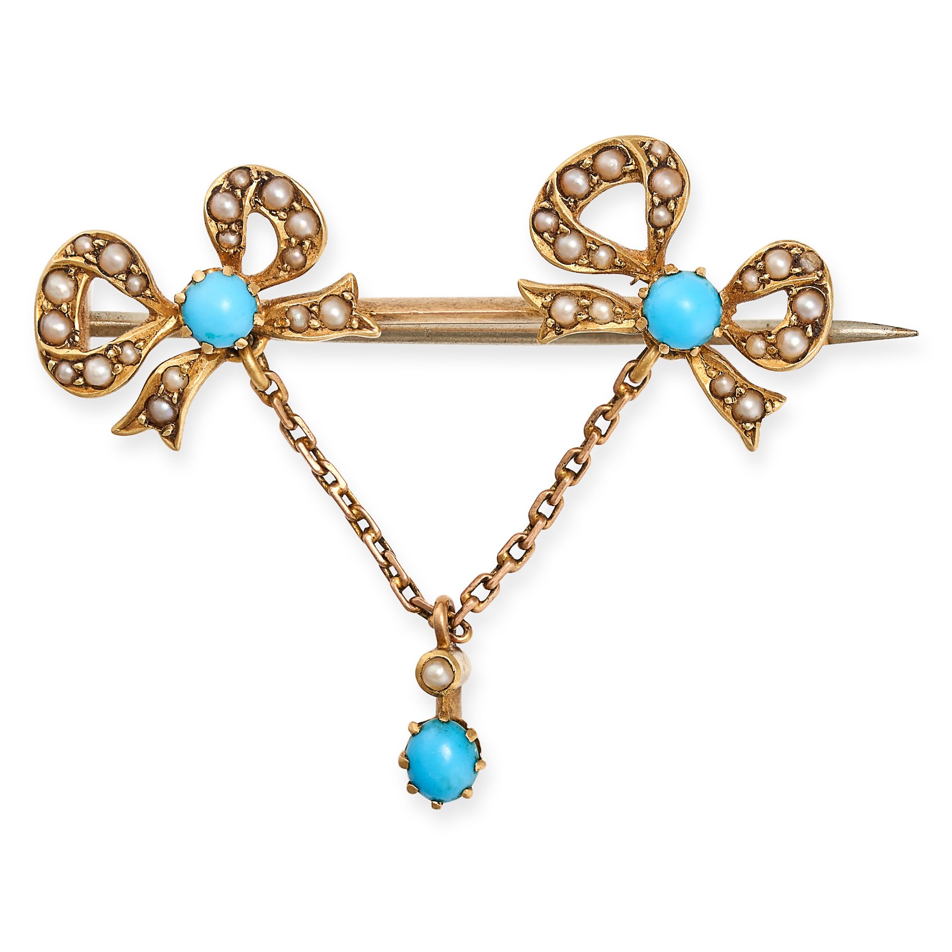 AN ANTIQUE TURQUOISE AND PEARL BOW BROOCH in yellow gold, designed as two bows set with a cabocho...