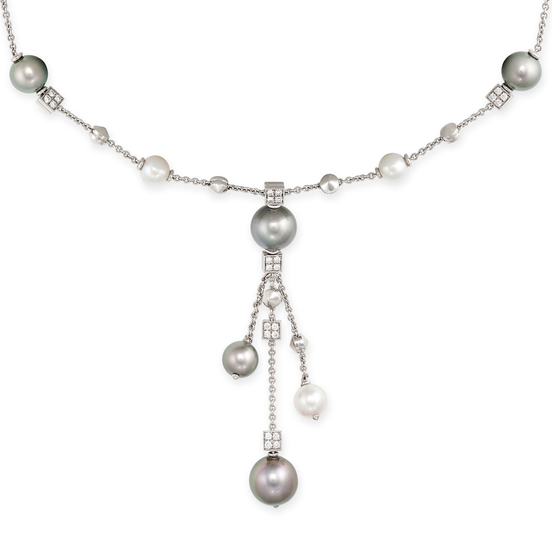 BULGARI, A BLACK AND WHITE PEARL AND DIAMOND LUCEA NECKLACE in 18ct white gold, comprising a trac...