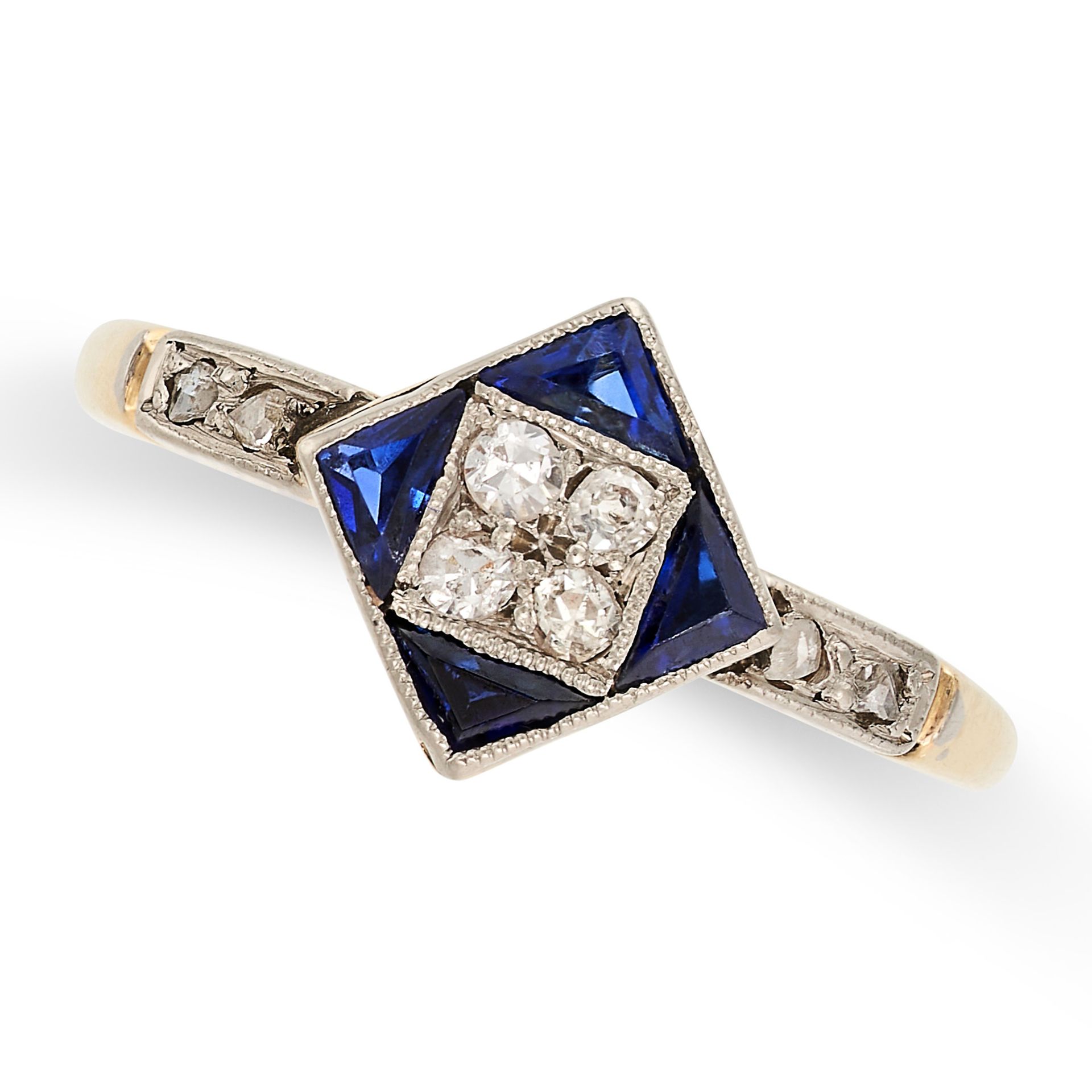 AN ART DECO SAPPHIRE AND DIAMOND RING in yellow gold, set with four old cut diamonds accented by ...