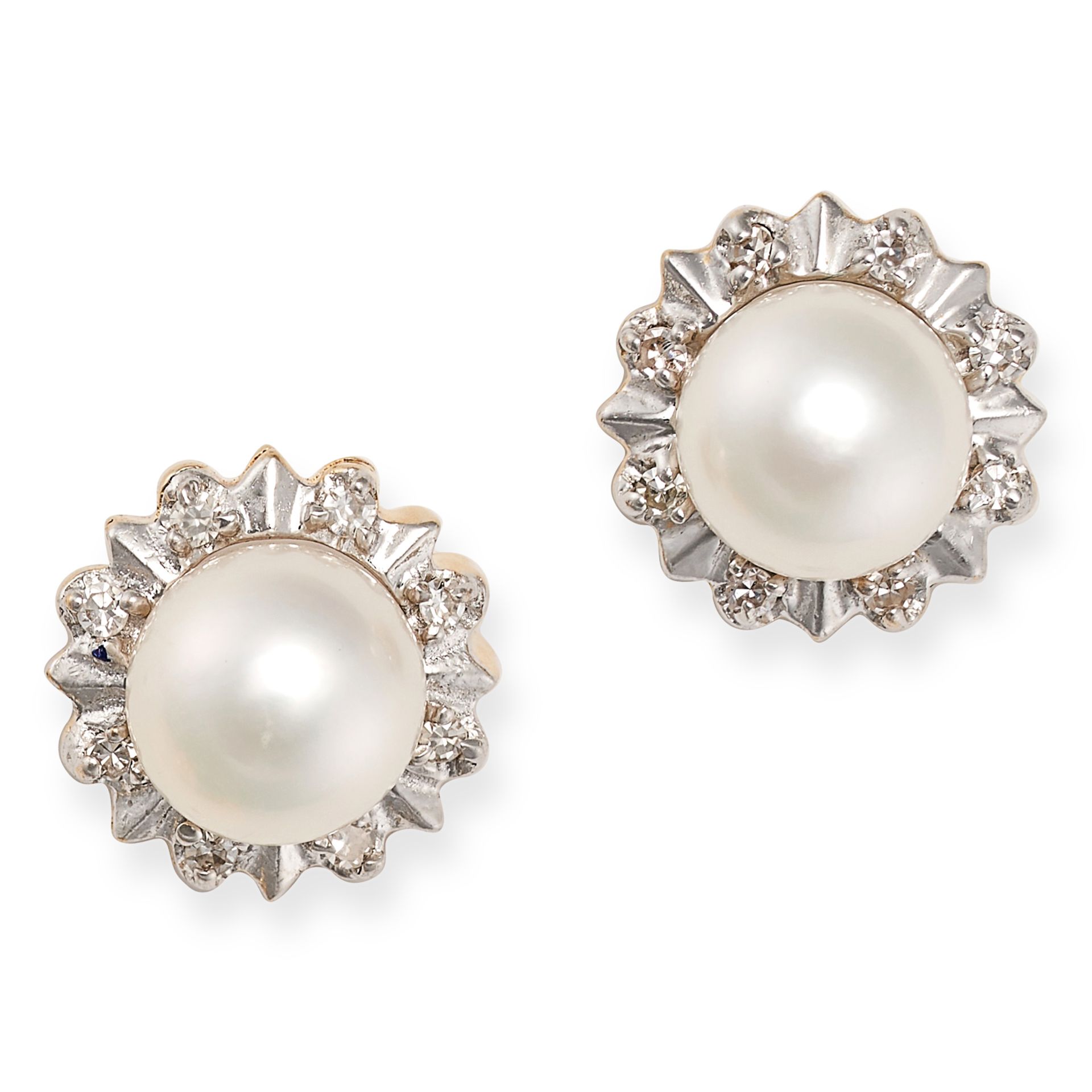 A PAIR OF PEARL AND DIAMOND CLUSTER EARRINGS in 18ct yellow gold, each set with a pearl of 6.0mm ...