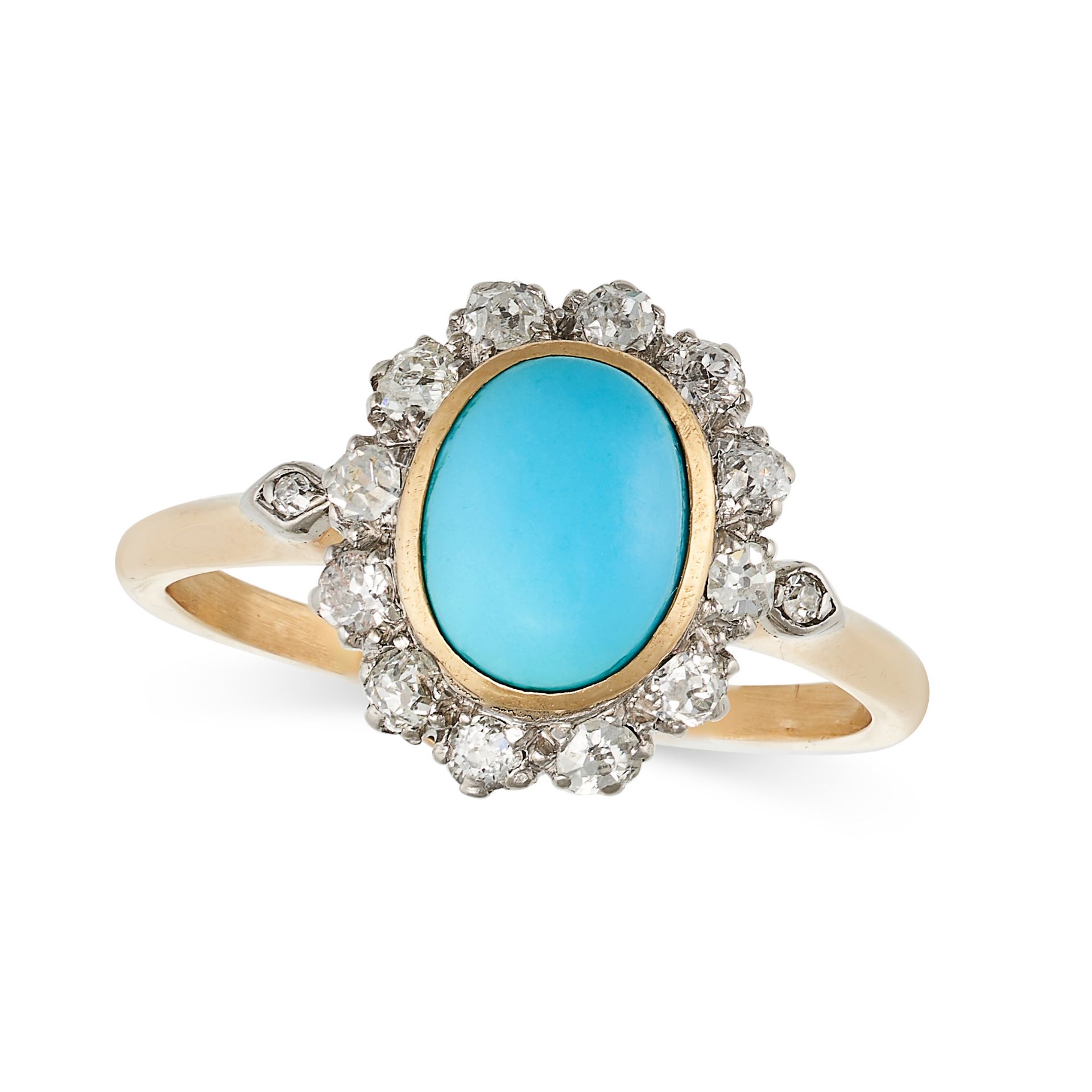 A TURQUOISE AND DIAMOND CLUSTER RING in yellow gold, set with an oval cabochon turquoise in a clu...