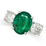 AN EMERALD AND DIAMOND THREE STONE RING in 18ct white gold, set with an oval cut emerald of 3.75 ...