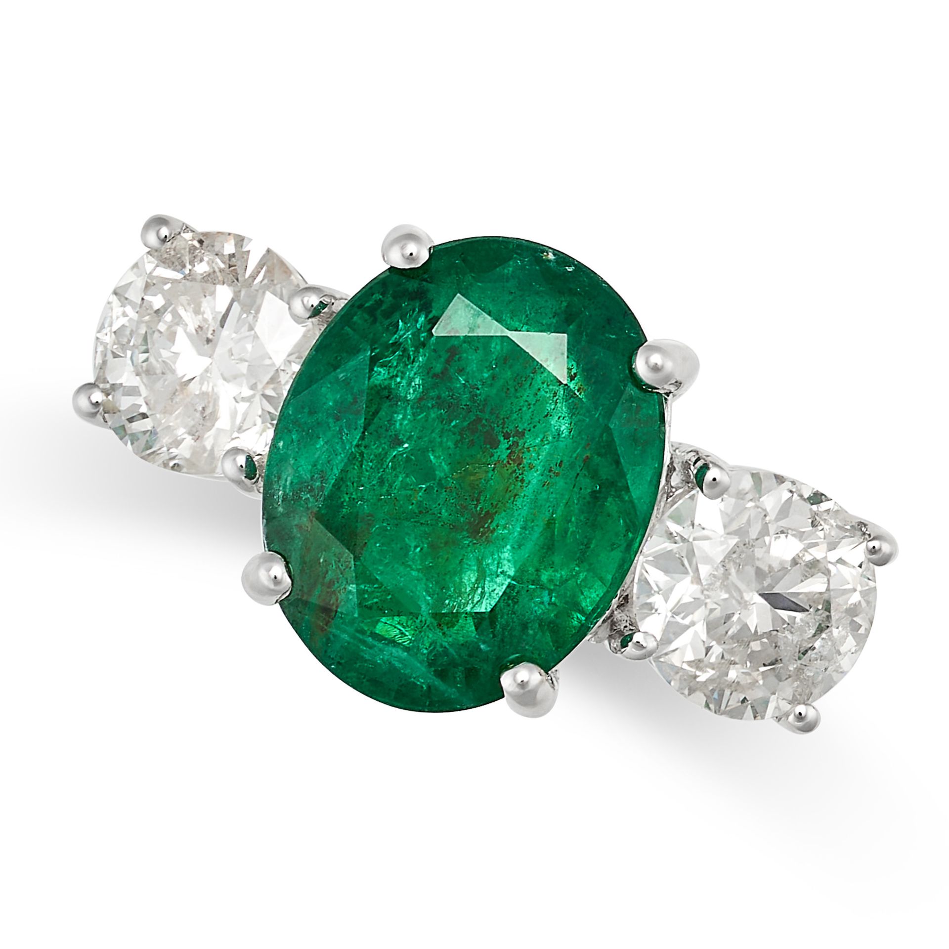 AN EMERALD AND DIAMOND THREE STONE RING in 18ct white gold, set with an oval cut emerald of 3.75 ...