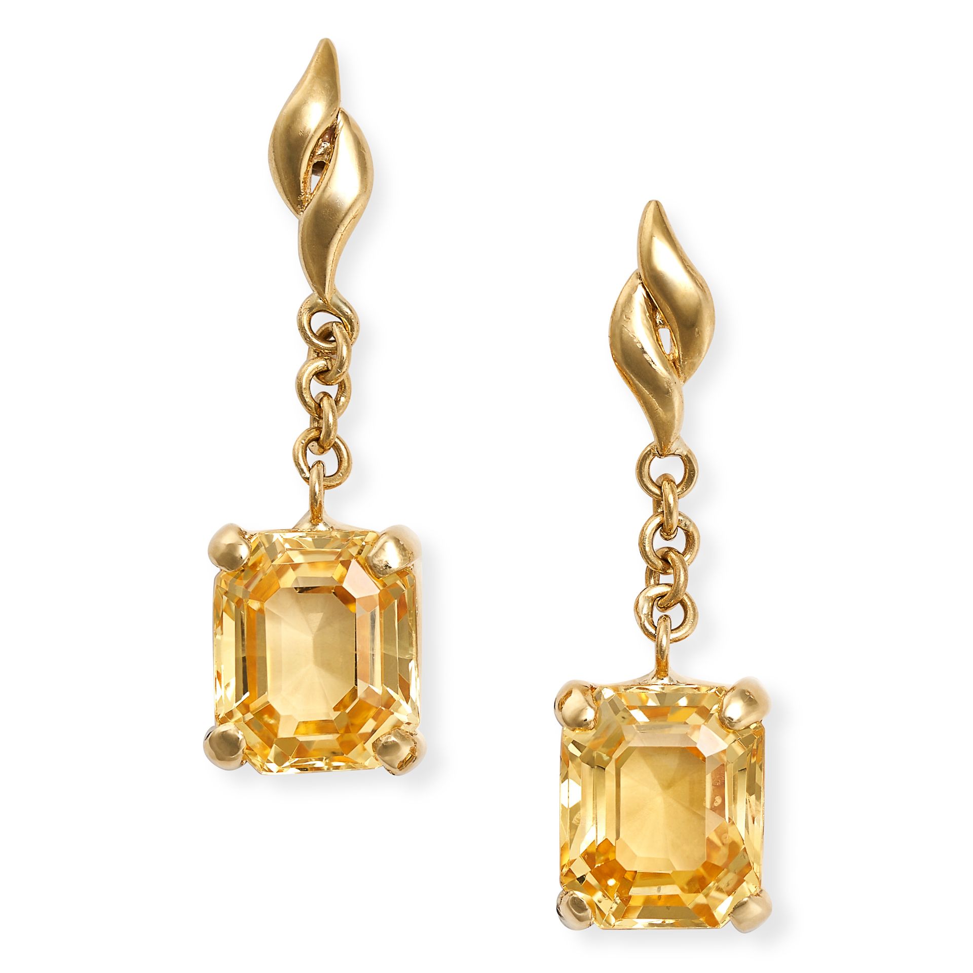 A PAIR OF YELLOW SAPPHIRE DROP EARRINGS in yellow gold, each comprising a scrolling link suspendi...