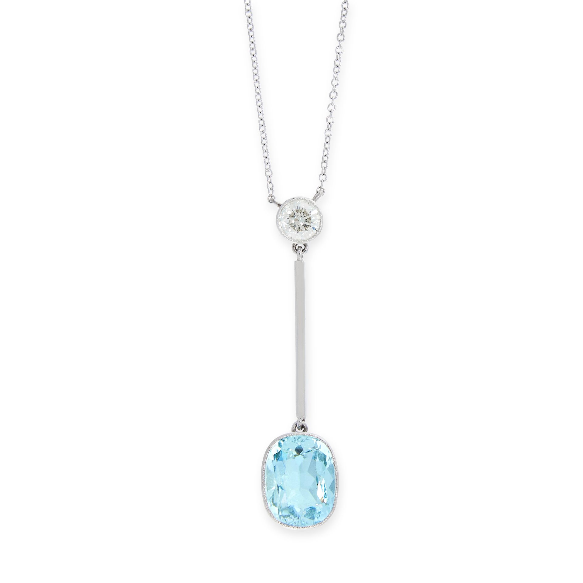 AN AQUAMARINE AND DIAMOND PENDANT NECKLACE in 18ct white gold, the pendant set with a round brill...