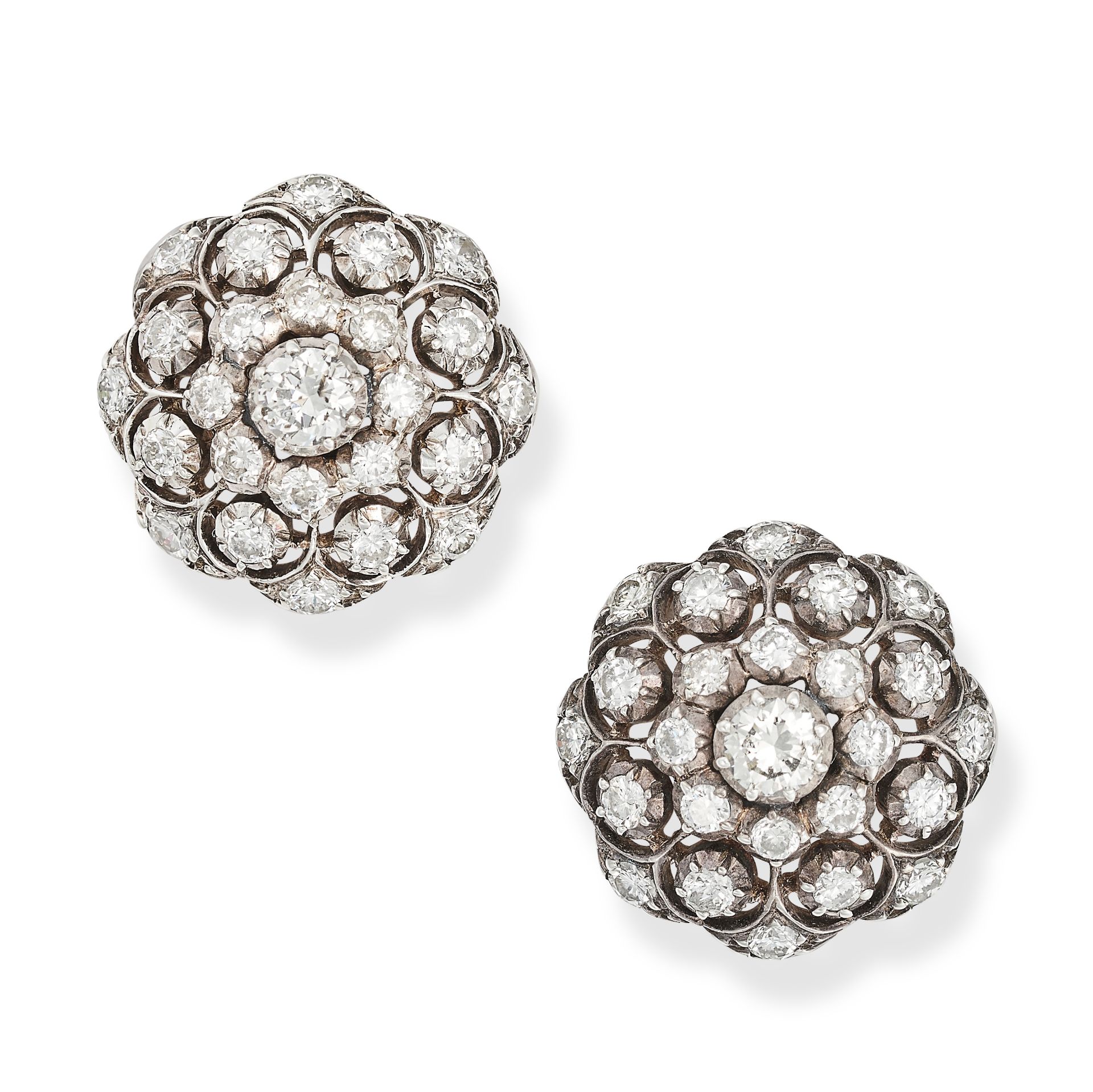 A PAIR OF VINTAGE DIAMOND CLUSTER EARRINGS in 14ct yellow gold and silver, each stylised as an op...