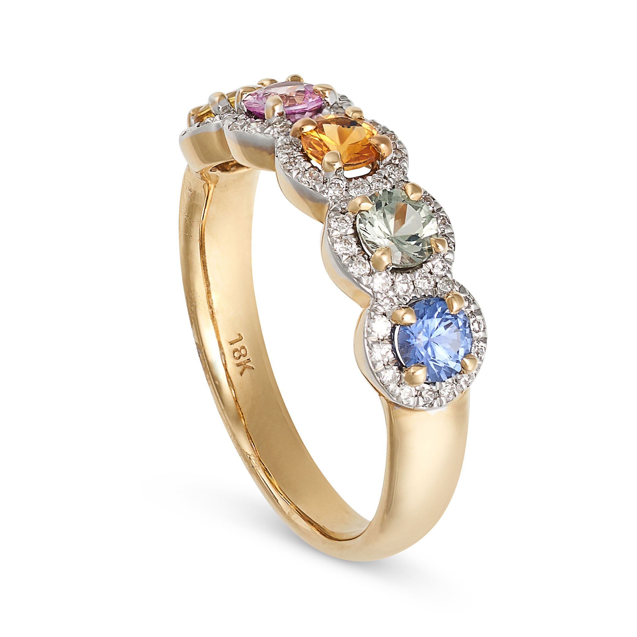 A MULTICOLOURED SAPPHIRE AND DIAMOND DRESS RING in 18ct yellow gold, set with a row of oval cut b... - Image 2 of 2