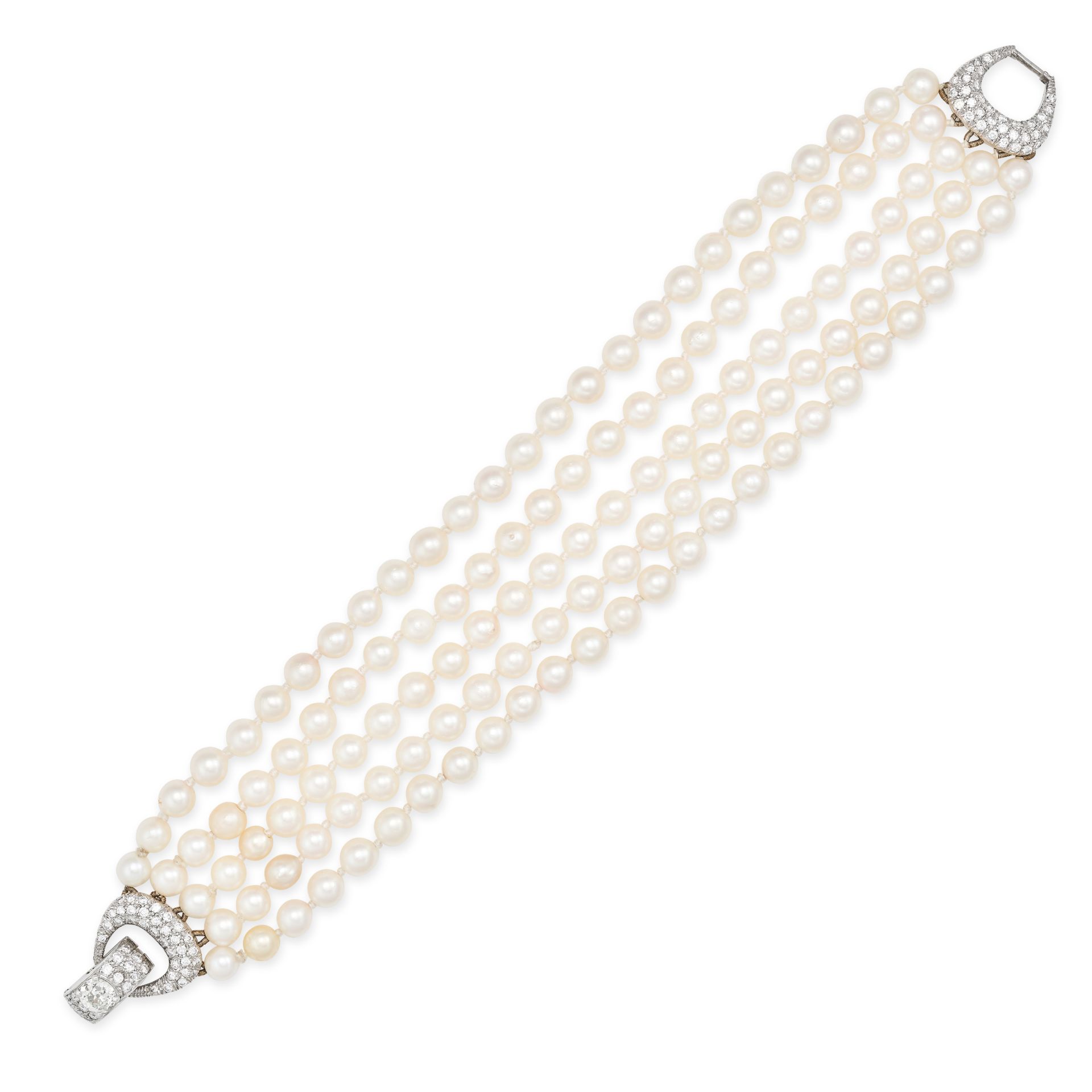 A FIVE ROW PEARL AND DIAMOND BRACELET comprising five rows of pearls, the openwork clasp designed...