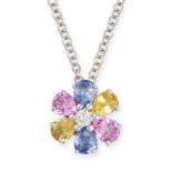 A MULTICOLOURED SAPPHIRE AND DIAMOND PENDANT NECKLACE in 18ct white gold, the pendant designed as...