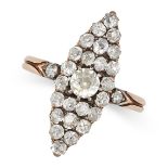 A DIAMOND NAVETTE RING in yellow gold and silver, set to the centre with an old cut diamond of ap...