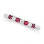 A RUBY AND DIAMOND BAND RING in 18ct white gold, set with a row of alternating round cut rubies a...