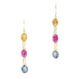 A PAIR OF MULTICOLOURED SAPPHIRE AND RUBY DROP EARRING in yellow gold, each set with an oval cut ...