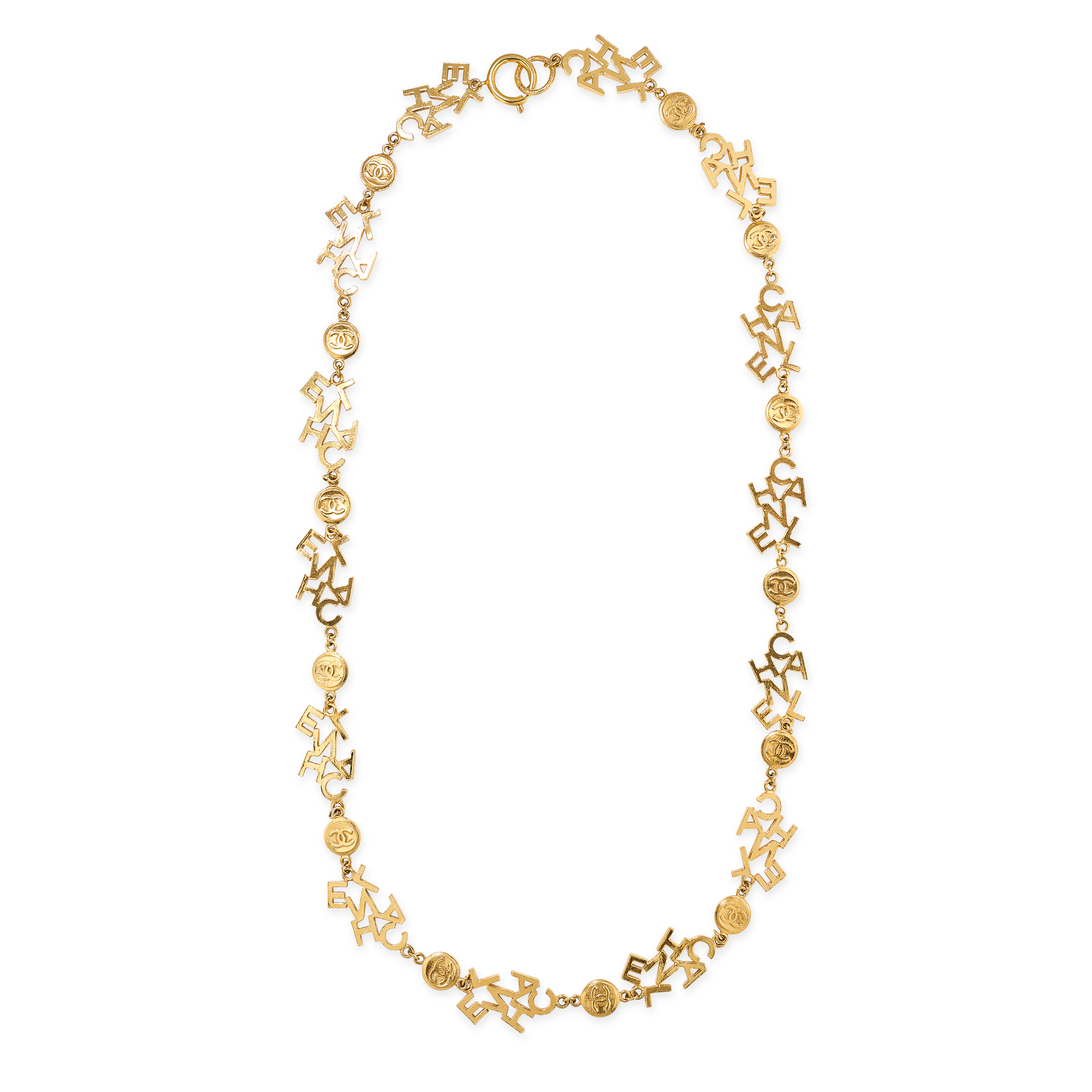 CHANEL, A VINTAGE NECKLACE comprising alternating links spelling 'CHANEL' and medallions stamped ...