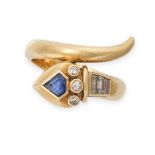 DE VROOMEN, A VINTAGE SAPPHIRE AND DIAMOND SNAKE RING in 18ct yellow gold, set with a kite cut sa...