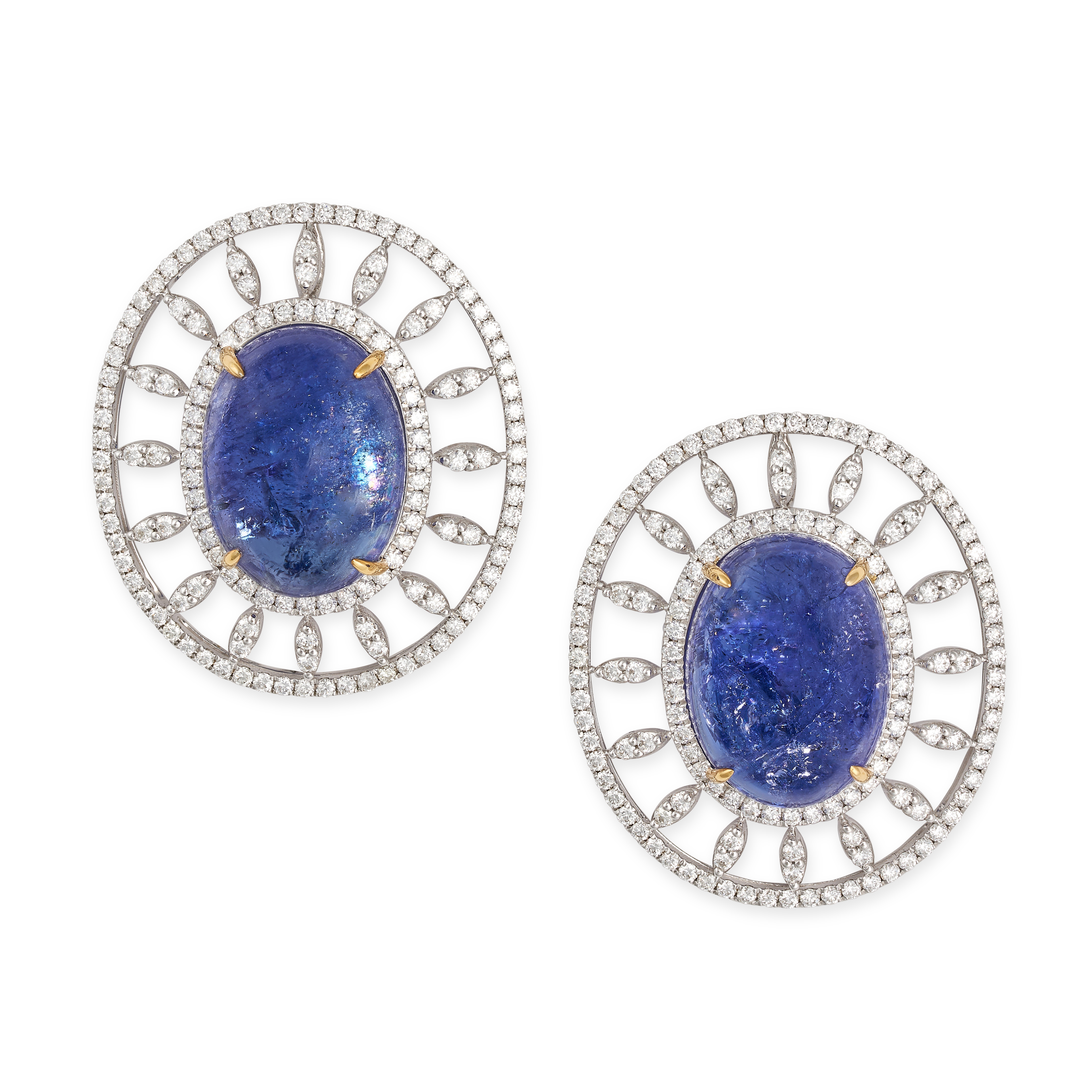 A PAIR OF TANZANITE AND DIAMOND EARRINGS in 18ct white gold, each set with an oval cabochon tanza...