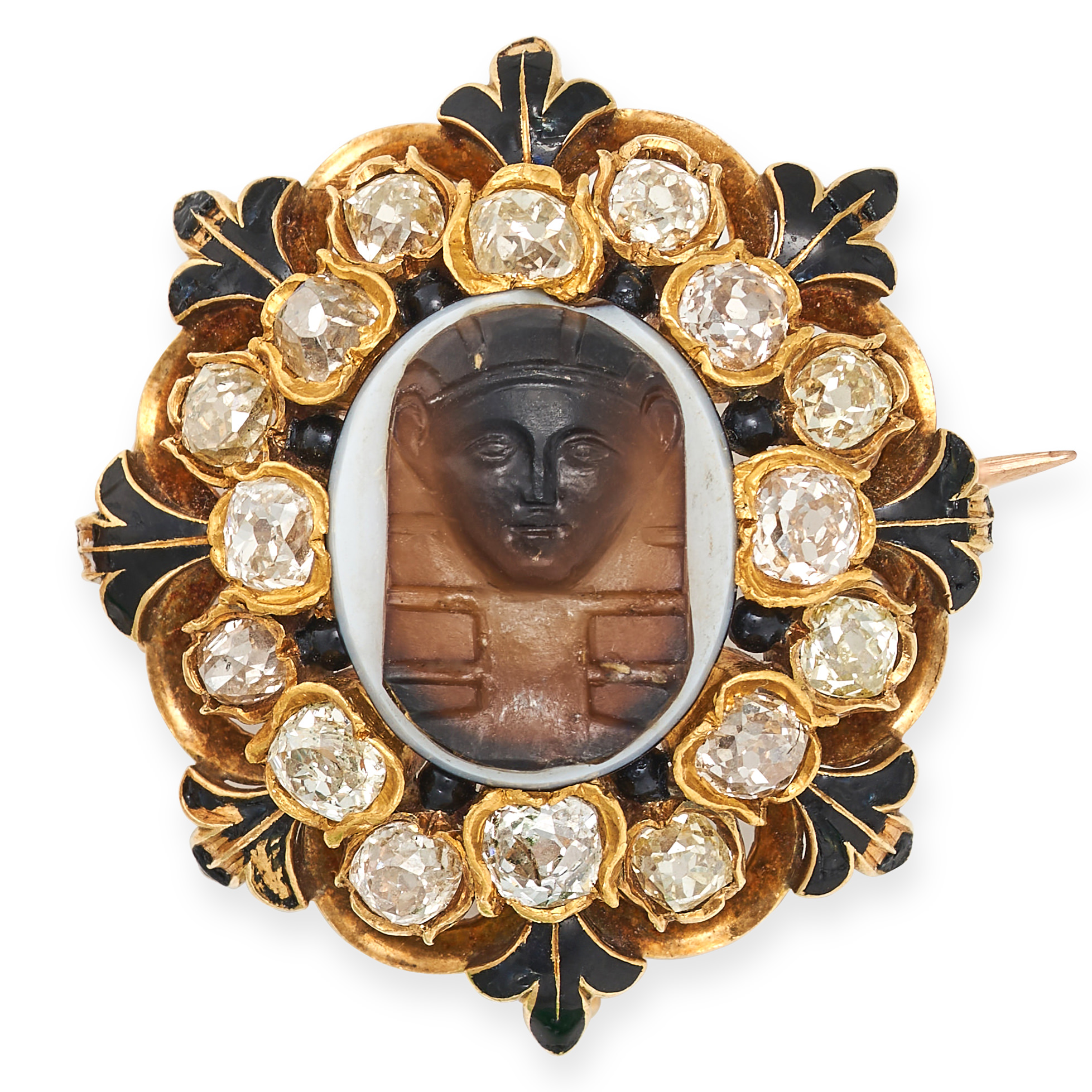 AN ANTIQUE AGATE CAMEO, ENAMEL AND DIAMOND BROOCH, 19TH CENTURY in 18ct yellow gold, set with car...