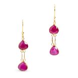 A PAIR OF RUBY DROP EARRINGS in yellow gold, set with pear cut rubies, no assay marks, 2.7cm, 0.6g.