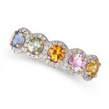 A MULTICOLOURED SAPPHIRE AND DIAMOND DRESS RING in 18ct yellow gold, set with a row of oval cut b...