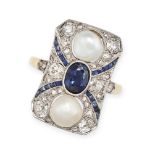 AN AUSTRIAN ART DECO SAPPHIRE, PEARL AND DIAMOND RING in platinum, gold and silver, the geometric...